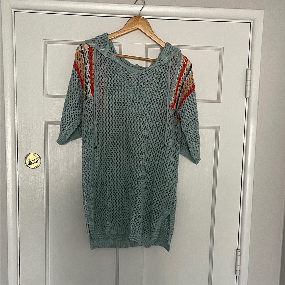 POL Teal Knit  beach cover up with Hoodie with White and Orange Accents preowned